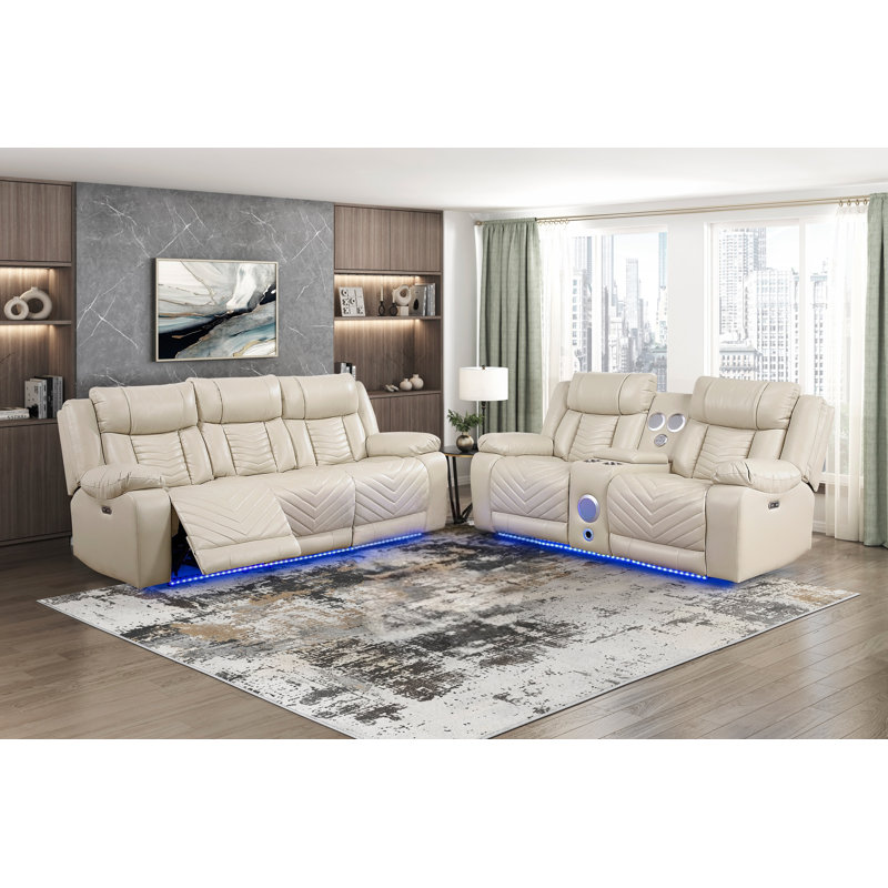 Beige luxueux ensemble de canapés 2 pièces causeuse inclinable électrique avec causeuse à lumière DEL, Beige Faux Leather