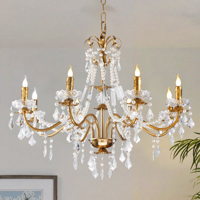 Lustre en cristal rétro 8 lumières, lampe en fer doré antique avec ampoules E12 incluses