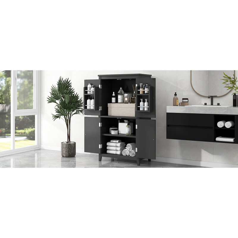 Bathroom Floor Storage Cabinet - 4 Doors Black Adjustable Shelves Tall In, Natural