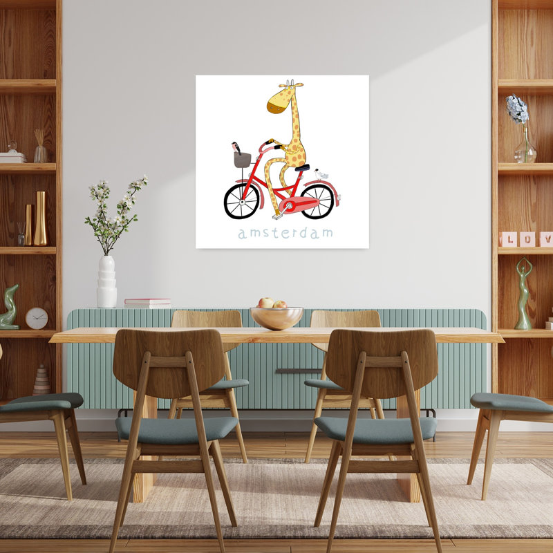 Giraffe Rides Amsterdam Bike Whimsical Abstract Contemporary Bird Giraffe City Architecture Wall Art Print