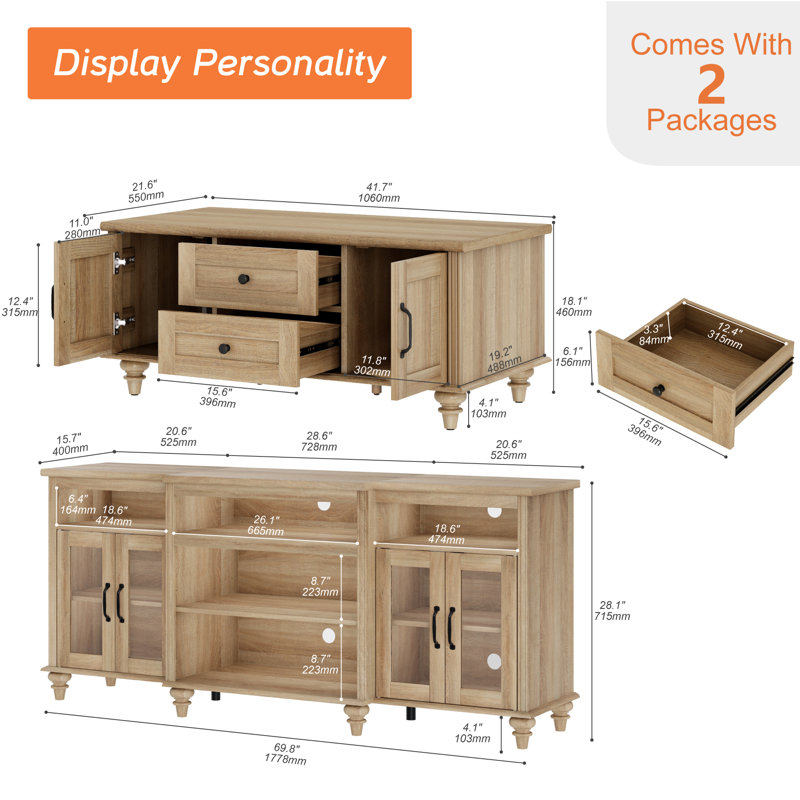 Ensemble 2 pièces de meuble télé et table basse pour salon avec armoire de rangement, chêne