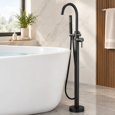 Matte Black Free Standing Bathtub Faucet Set--Contemporary Single Handle Floor Mount Tub Filler Faucet with ABS Hand Shower