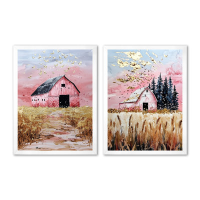 Rose et or Galm Barn I - ferme, art mural sur toile, ensemble de décoration murale ferme traditionnelle de 2