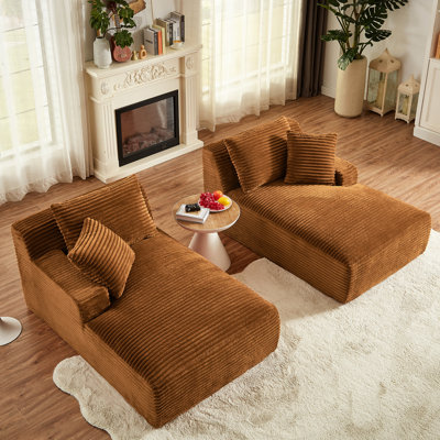 Double Chaise Lounge, Spring Padding, Orange Corduroy, Compressible , Indoor Bedroom Reading And Comfort, No Assembly Required Corduroy Lounge 2 - Seat Padding For Living Room Relaxation Needed