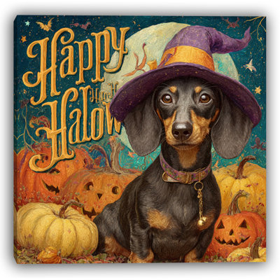 Halloween Dachshund with Festive Pumpkins Wrapped Canvas Wall Art