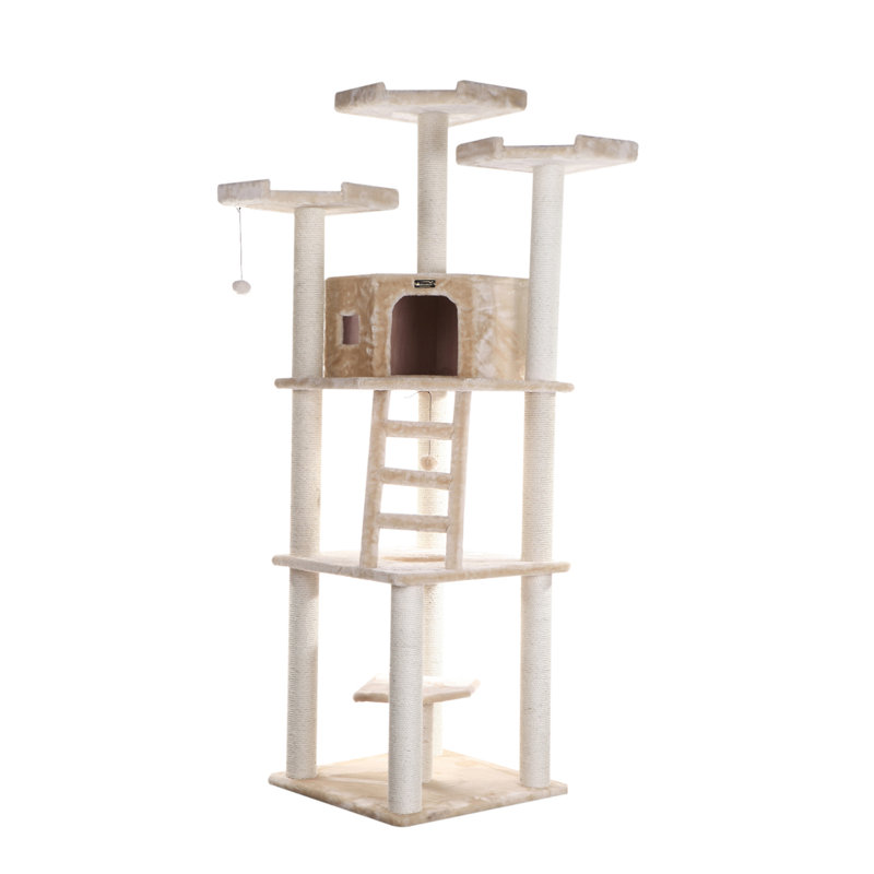 Beige Faux Fur and Sisal Multi-Level Cat Tree Tower