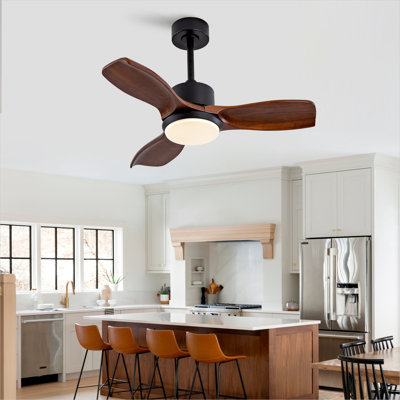 Ventilateur de plafond en bois de 42 po avec lumières, télécommande, moteur à courant continu silencieux à 3 pales pour patio, salon, chambre à coucher, bureau, intérieur extérieur (noir + noyer foncé)
