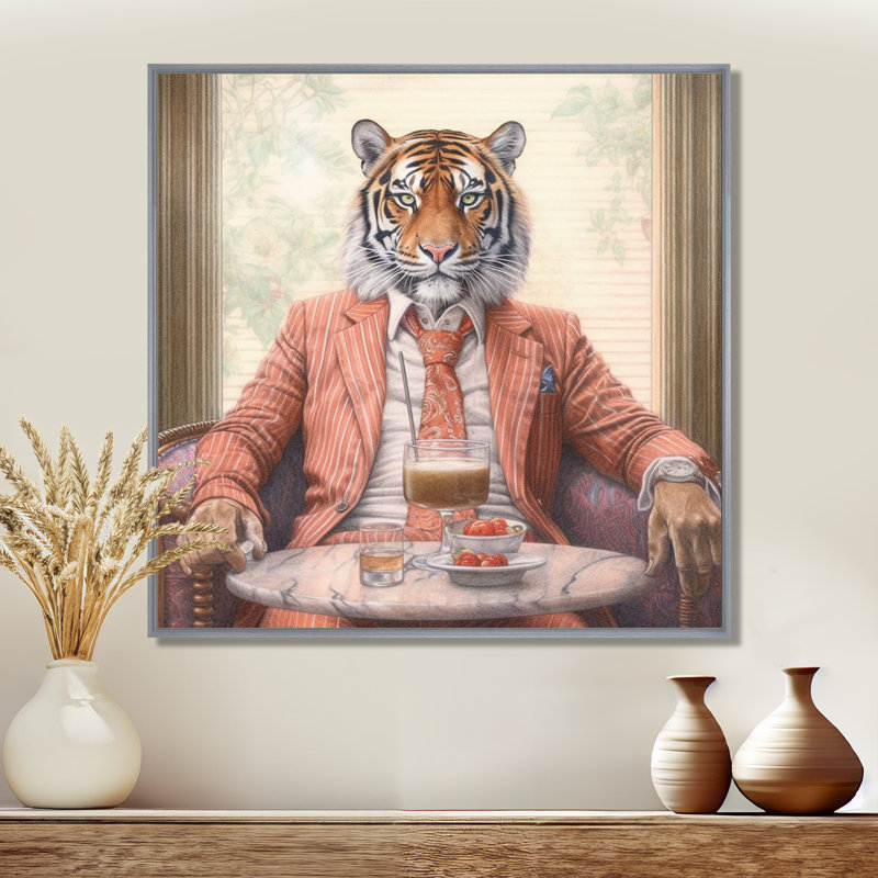 Tigre ayant une boisson I - Animal ayant une boisson, impression sur toile, H 16 po x l 16 po x P 1 po, Encadrement argenté