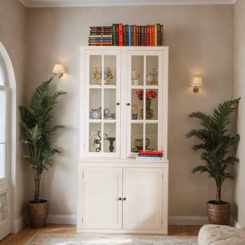 Retro-Style Storage Bookcase Display Cabinet with Double Glass Doors