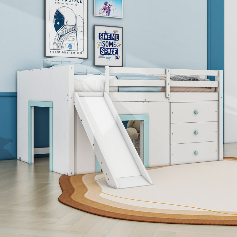 Full Size Low Loft Bed With Slide And Storage Drawers,Ladder