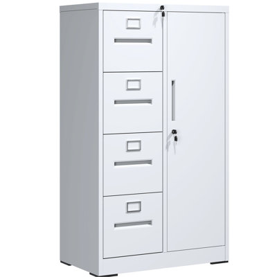 White Metal Storage Cabinet With 4 Drawers And 1 Door For Living Room Office - Smooth Drawer Opening, Silent Tracks, Secure Locking