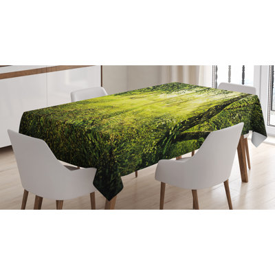 Ambesonne Magic Tablecloth, Freshening Morning In Nature Summer Season Sunset Environment Wilderness Mist Theme, Rectangular Table Cover For Dining Room Kitchen Decor, 52" X 70", Green