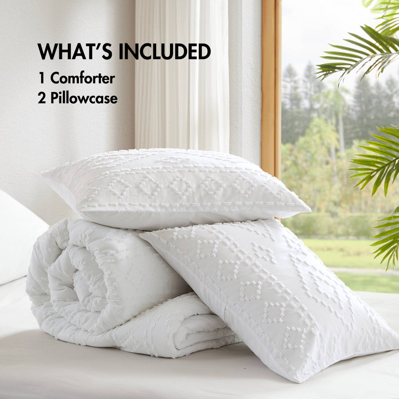 Gigi Clipped Jacquard Tufted Comforter Set, White, Full / Double Comforter + 2 Standard Shams