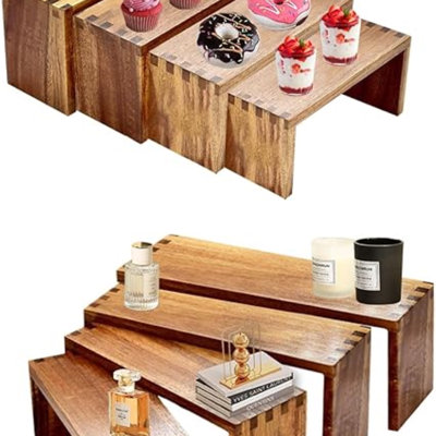 8-Piece Wooden Risers Display Stands | 2 Sets of 4-Tier Rectangular Organizers for Spices, Desserts, Perfume, Makeup, and Collectibles