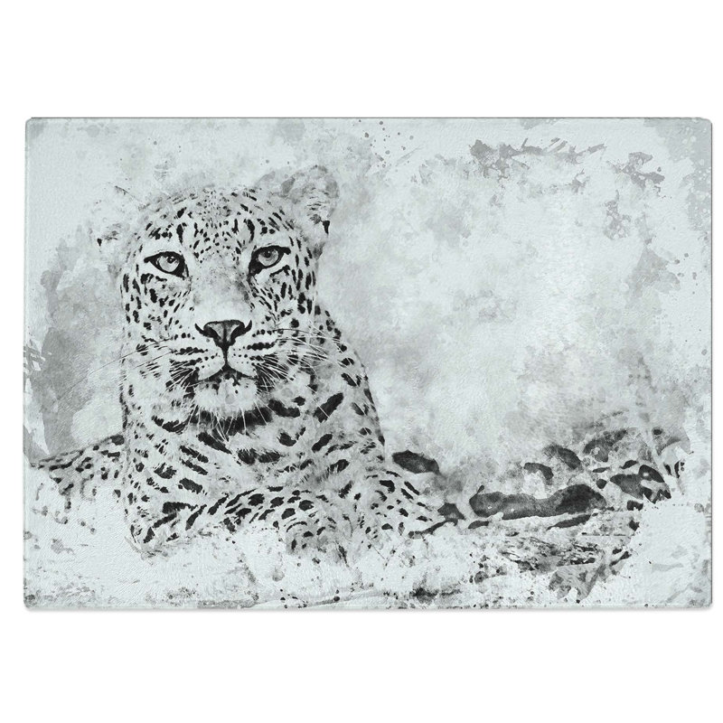 Glass Leopard Resting in Abstract Chopping Board, 39 cm W x 28.5 cm L