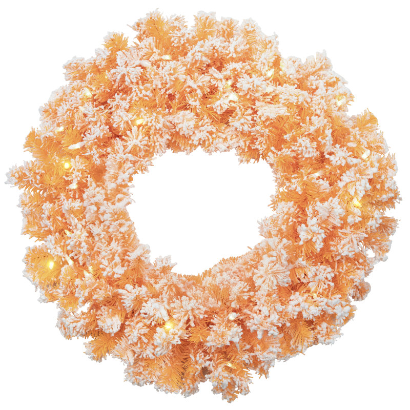 Couronne de Noël artificielle pré-éclairée en pin floqué - lumières claires, Orange, H 24 po x l 24 po x P 5 po