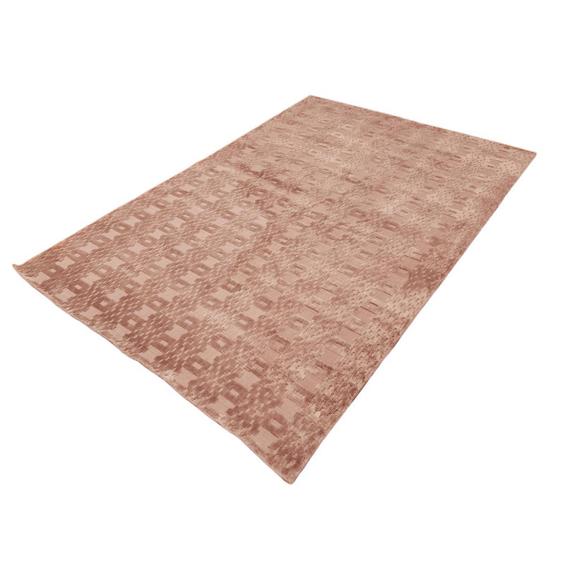 Tapis géométrique rose en soie touffeté à la main, Rectangle 4 pi x 5 pi 11 po