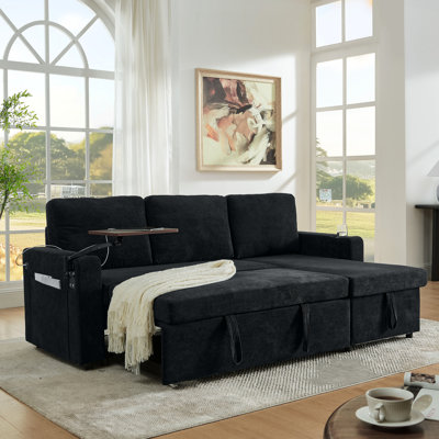 Lit escamotable en chenille noire avec lueur à DEL, ports de charge, porte-gobelets et une table de travail rétractable en cuir, avec compartiments de rangement pour l'éclairage de l'espace, carte propre