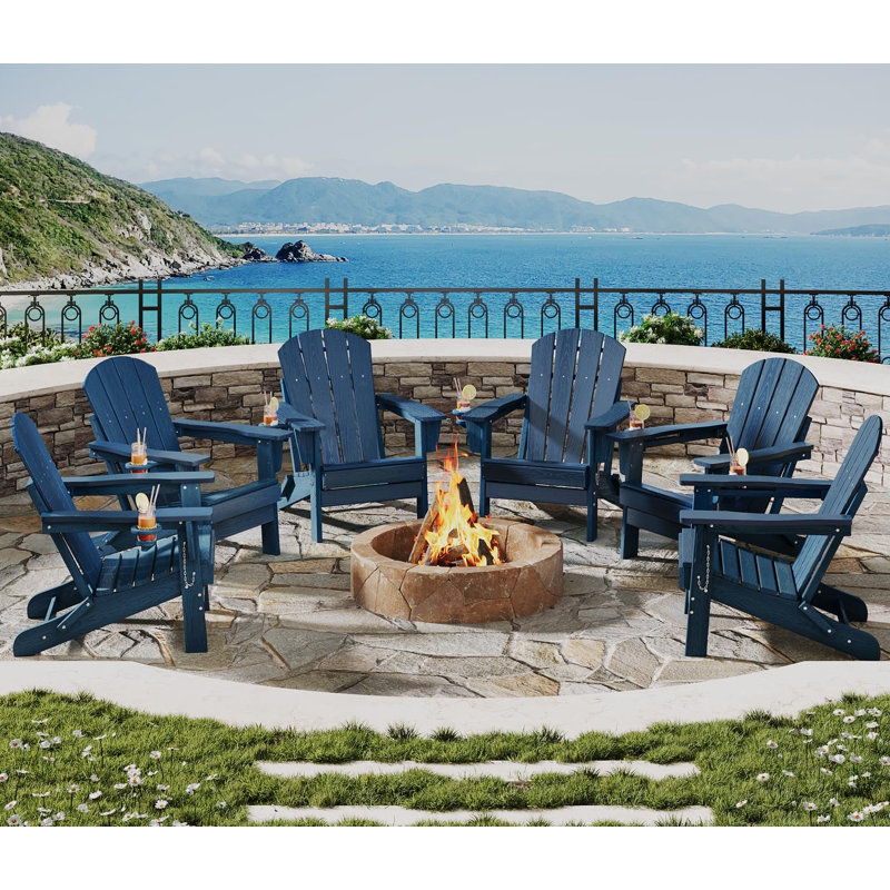 Ensemble de 4 chaises pliantes Adirondack pliables avec 2 tables d'appoint en PEHD toutes saisons, texture bois, porte-gobelet, pliable, durable, sièges d'extérieur pour le jardin, la terrasse, la cour, le foyer, le bleu marine