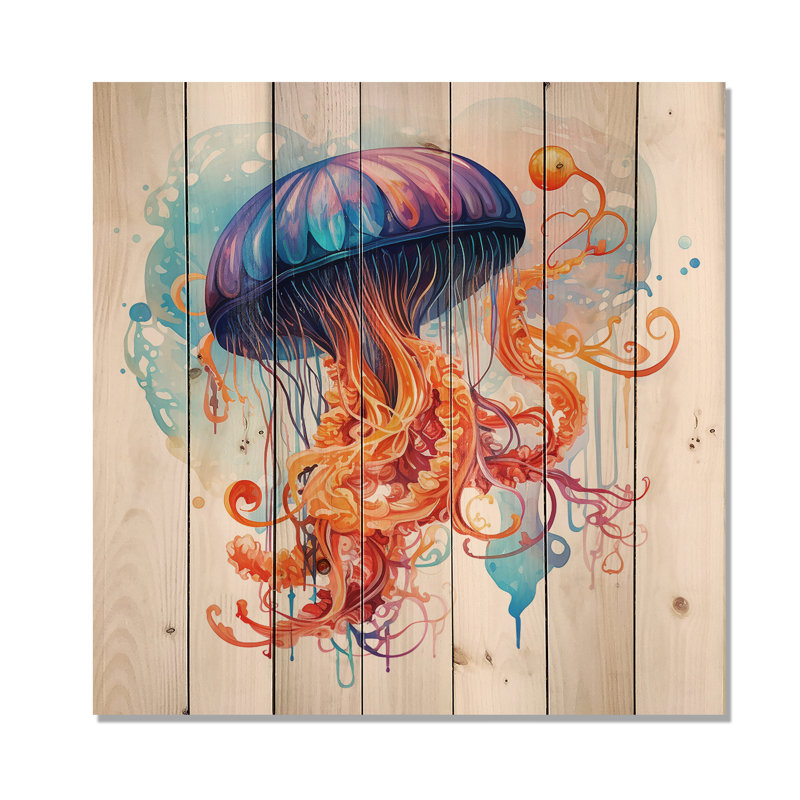 Méduse orange et bleue Jive III - méduse sur bois, H 30 po x l 30 po