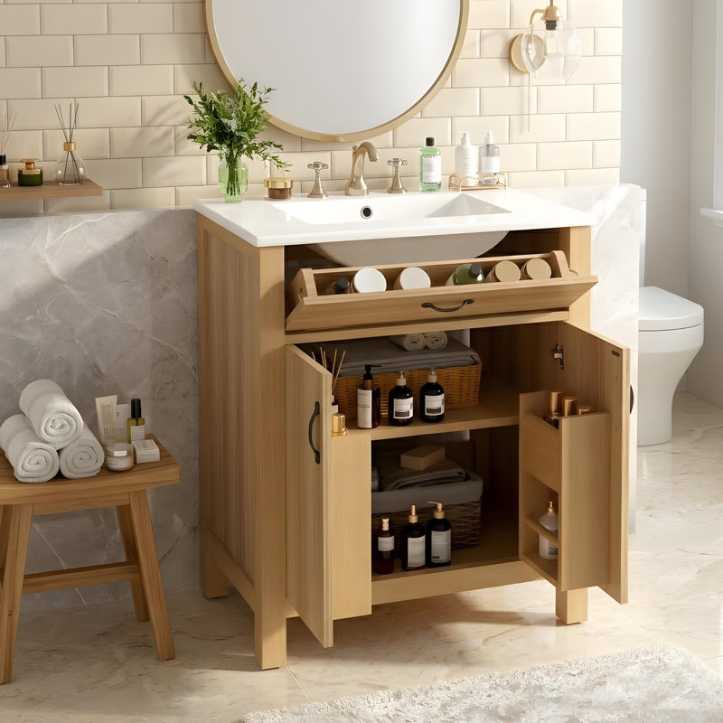 Meuble-lavabo de salle de bain avec lavabo en céramique, tiroir rabattable, portes à fermeture en douceur et tablette à deux niveaux