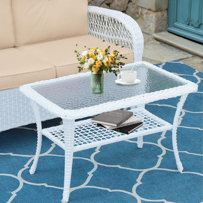  Table basse d'extérieur en osier, table basse de patio en rotin toutes saisons avec rangement à 2 niveaux, table centrale rectangulaire en verre trempé pour terrasse, jardin, balcon, porche, intérieur ou extérieur