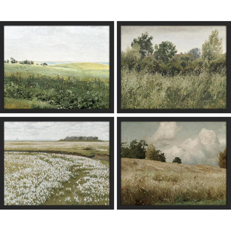 " Green Meadow Countryside Landscapes " 4 - Pieces, Black, 11" H x 14" W