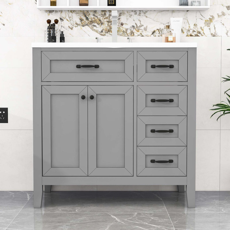 Freestanding Bathroom Vanity with Ceramic Sink, Storage Cabinet and 3 Drawers, Gray/Black