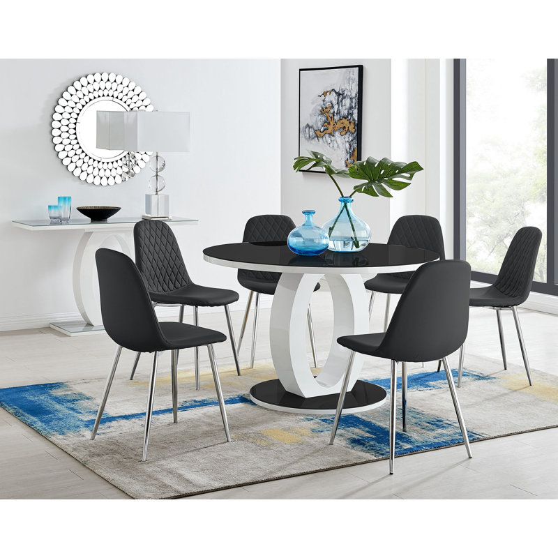 Scottsmoor 6 Seater High Gloss Round Dining Table Set with 6 Luxury Faux Leather Dining Chairs, Black, Black