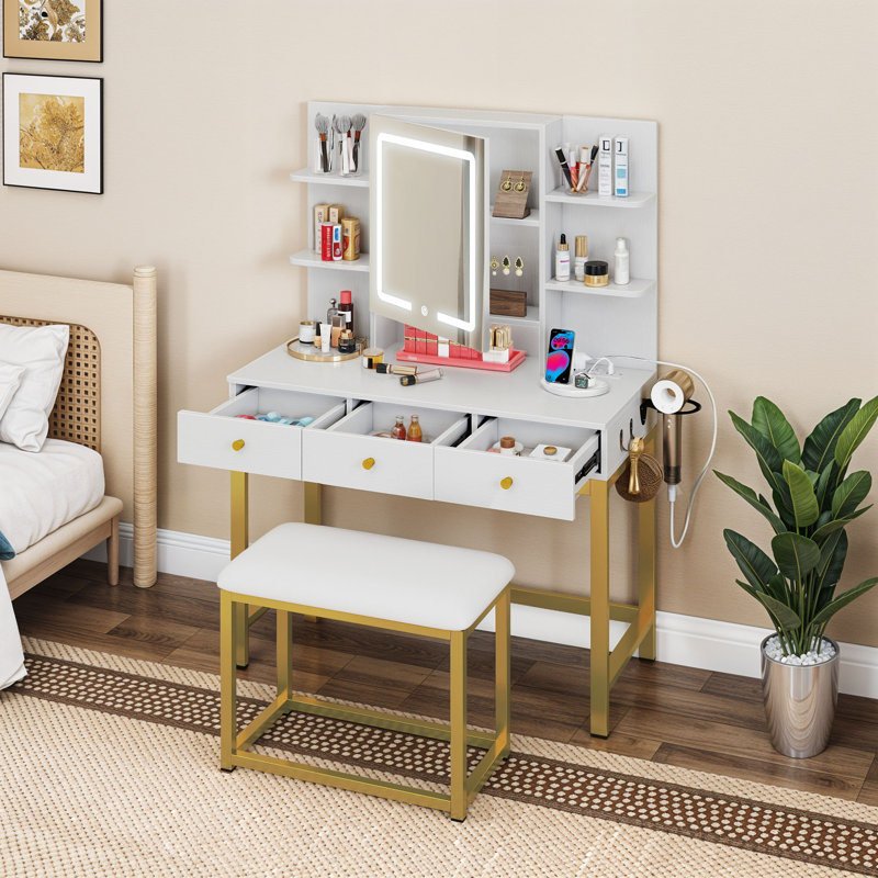  Coiffeuse de maquillage avec miroir lumineux à DEL, Blanc