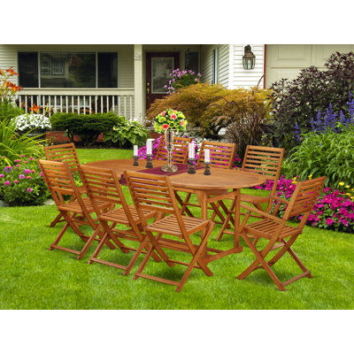Ensemble de salle à manger 9 pièces pour patio comprenant une table ovale d'extérieur en bois d'acacia et 2 chaises à accoudoirs pliables avec 6 chaises d'appoint, 36 po x 78 po, huile naturelle