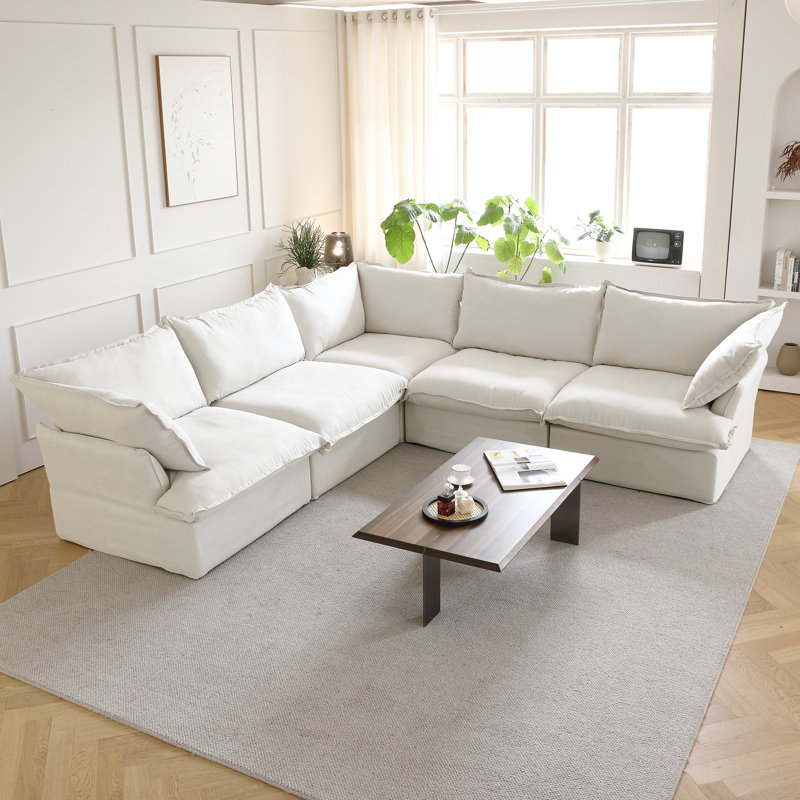 Fairford 6-Piece Upholstered Modern Corduroy Fabric Sectional Sofa With Ottoman, White Linen Blend