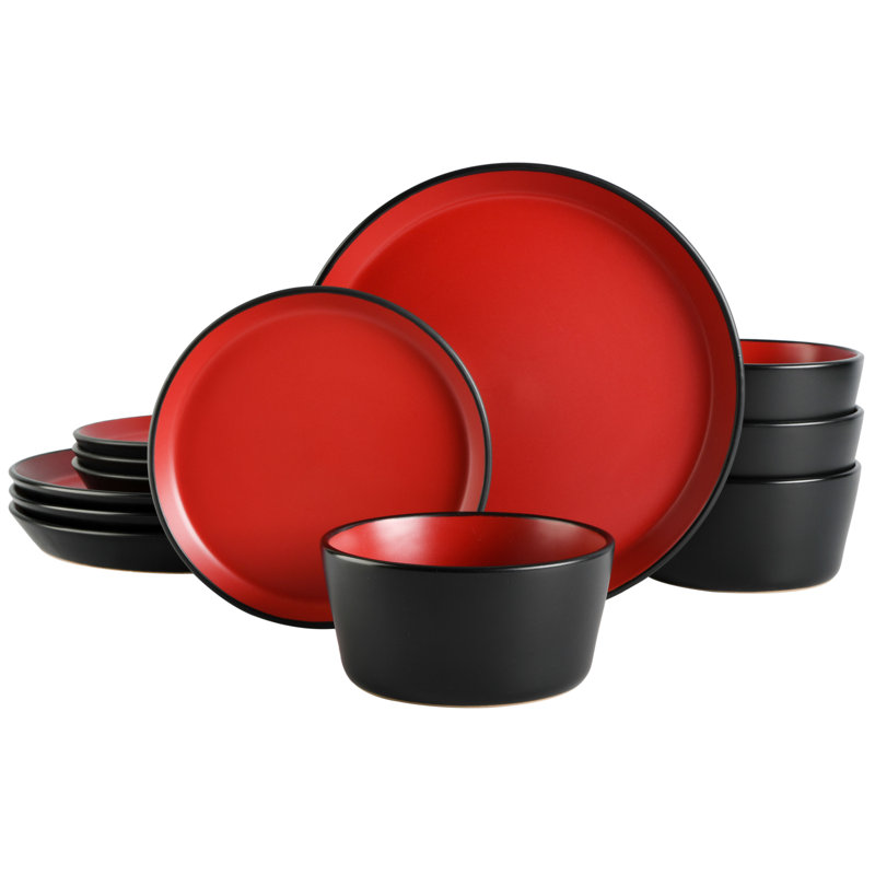 Gibson Elite Soho Lounge Sofia 12-Piece Coupe Dinnerware Set, Red/Black
