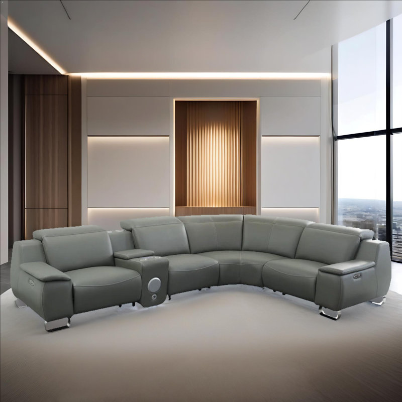 Ensemble de canapé inclinable intelligent en forme de U de salon en cuir olive gris avec haut-parleur Bluetooth et console multifonction