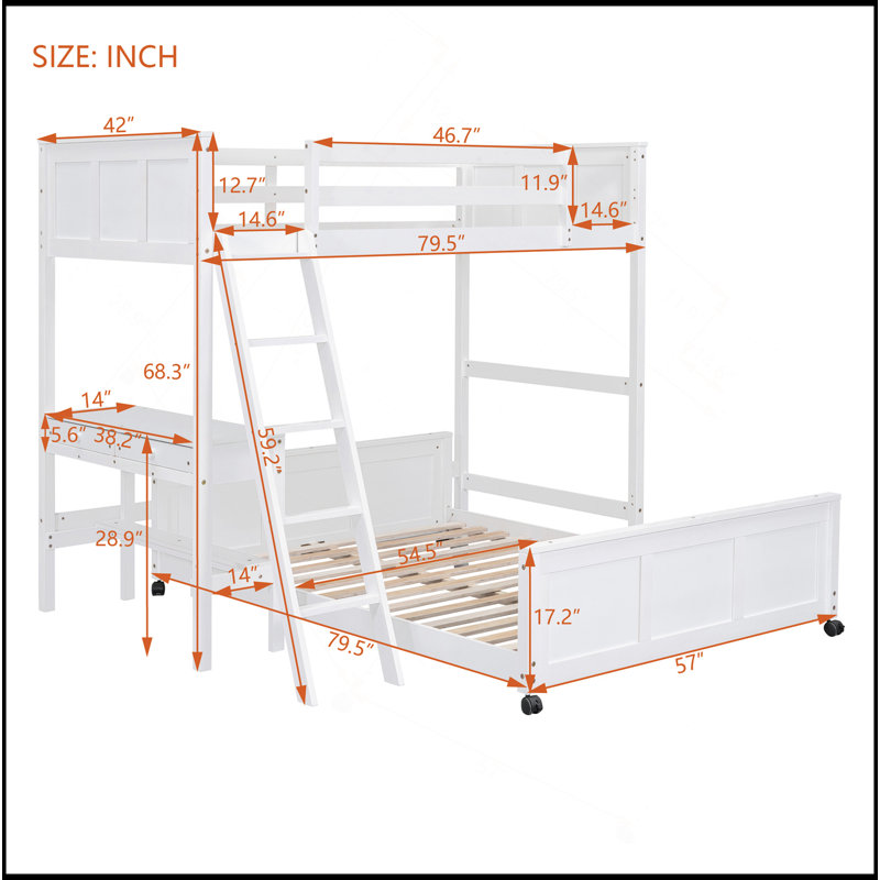 Lit simple superposé au dessus d'un lit double avec bureau, Blanc