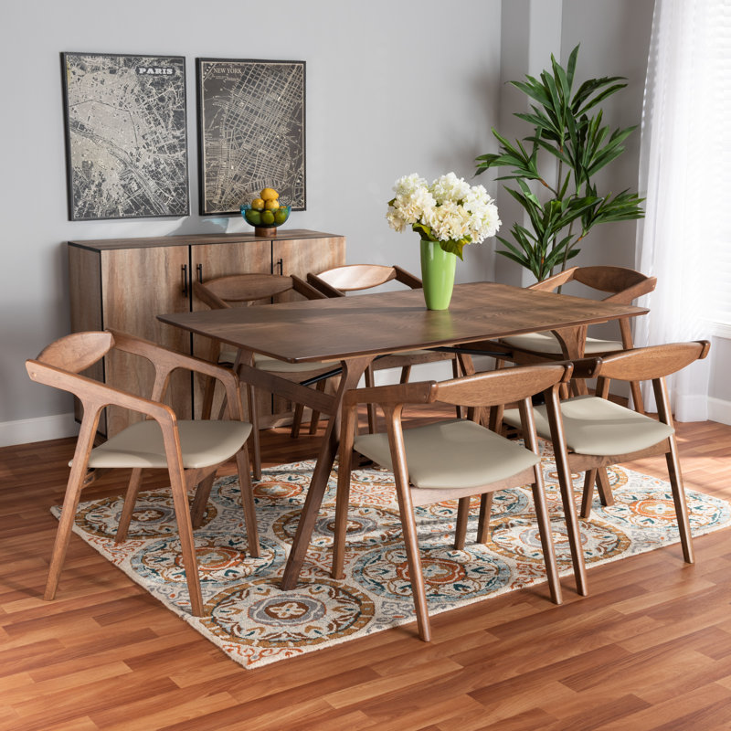 Hohl Mid-Century Modern Faux Leather Upholstered And Finished Wood 7-Piece Dining Set, Beige/Brown