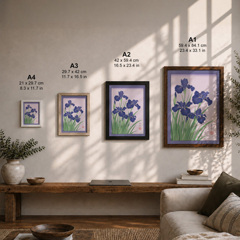 Blue Irises with Seal Japandi - Framed Print, Black, A3 - 42.0 x 29.7 cm