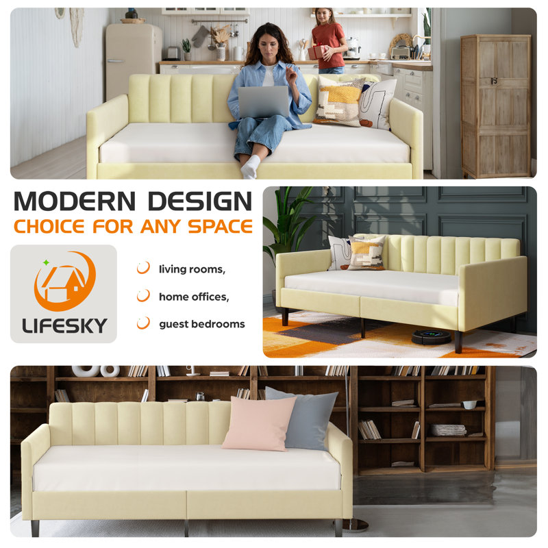 Beige Velvet Upholstered Twin Daybed with Tufted Back and Metal Frame
