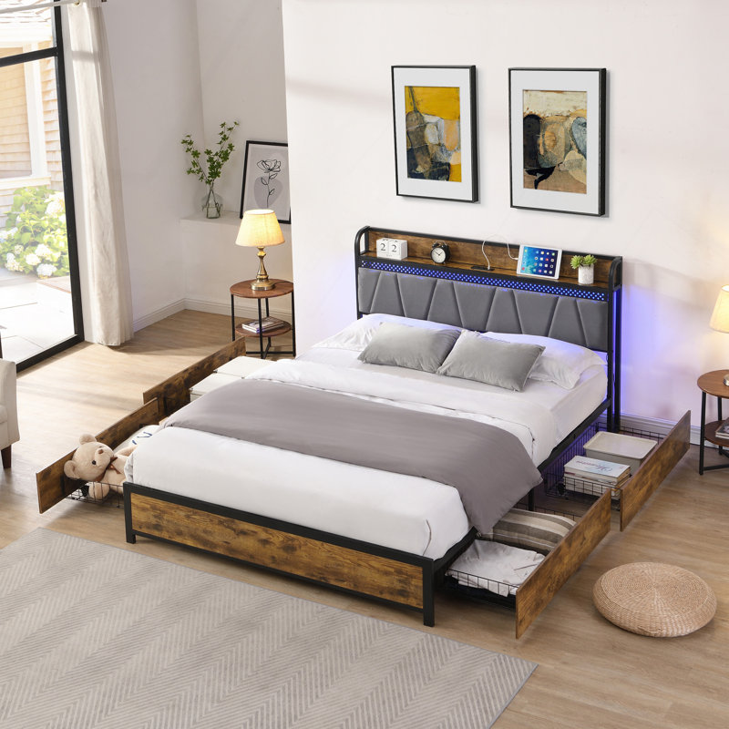 Full Size Bed Frame, Storage Headboard With Charging Station And 4 Storage Drawers,LED Lights , Brown And And Grey, Full