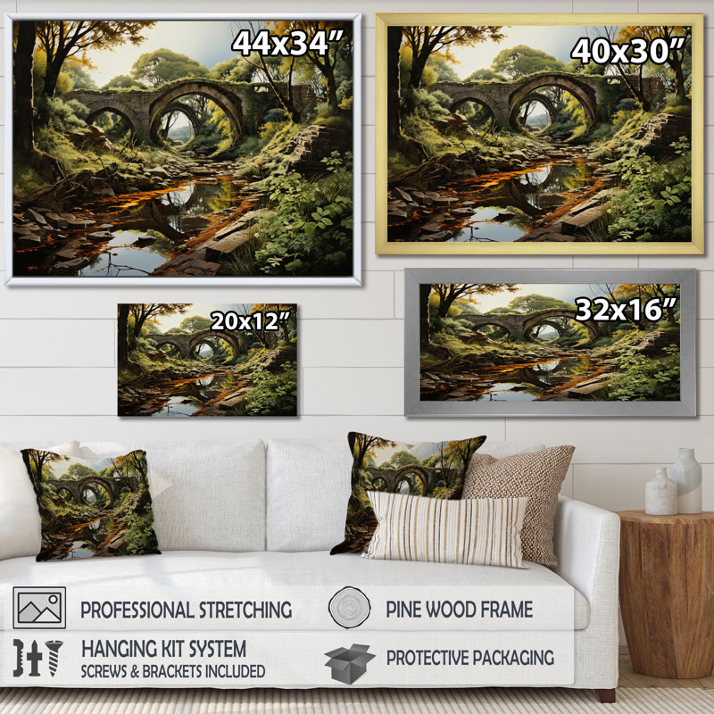 «Countryside the Old Bridge I», reproduction sur toile, H 34 po x l 44 po x P 1,5 po, Cadre photo argenté
