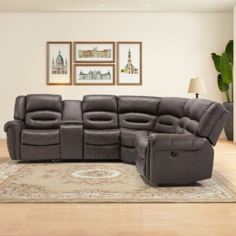 7-Piece 97.4" Wide Classic And Overstuffed Soft Faux Leather Power Reclining Corner Sectional With Center Console