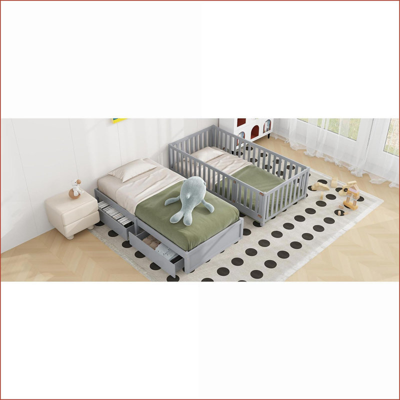 Twin Size Solid Pine &amp; Composite Wood Daybed with Guardrails, 2 Drawers &amp; Split Design, Gray - Ideal for Guest/Second Bedroom