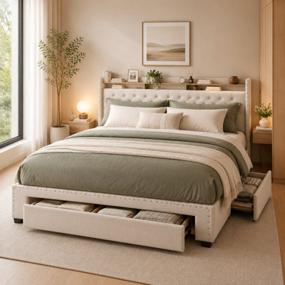 Velvet Upholstered Platform Bed Frame with Headboard, 3 Storage Drawers, LED Lights and Built-in Charging Station, No Box Spring Needed