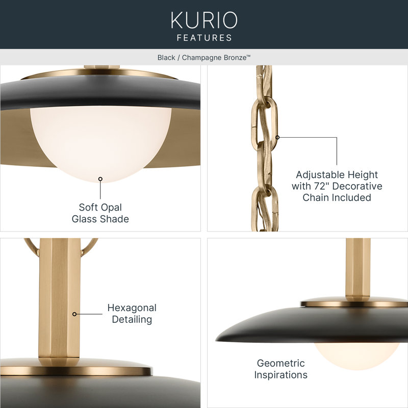 Kurio 16" 1-Light Pendant With Etched Opal Glass in Black, Black, 10" H x 10" W x 10" D