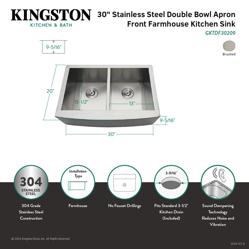 Kingston Brass Uptowne 30-Inch Stainless Steel Apron-Front Double Bowl Farmhouse Kitchen Sink