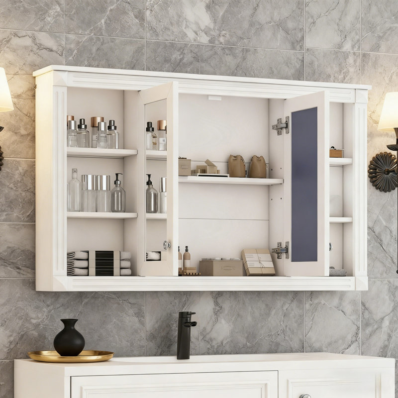 Armoire de salle de bain murale avec miroir et rangement, Blanc
