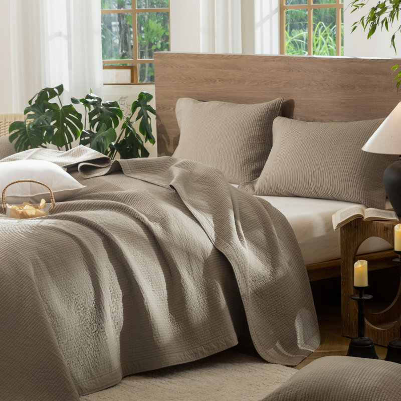 MooMee Lightweight Quilt Set 100% Washed Cotton Linen-Like Stripe Stitch Breathable All-season , Mocha Brown
