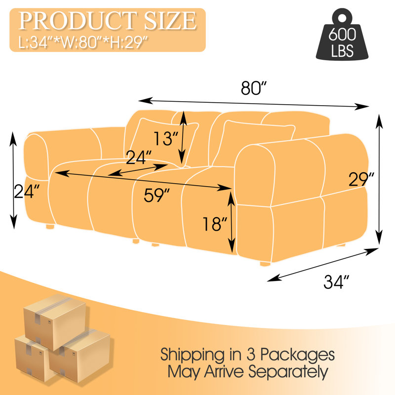 Modern Lambswool Upholstered 2 - Seat Cloud - like Sofa for Living Room-Black, Black