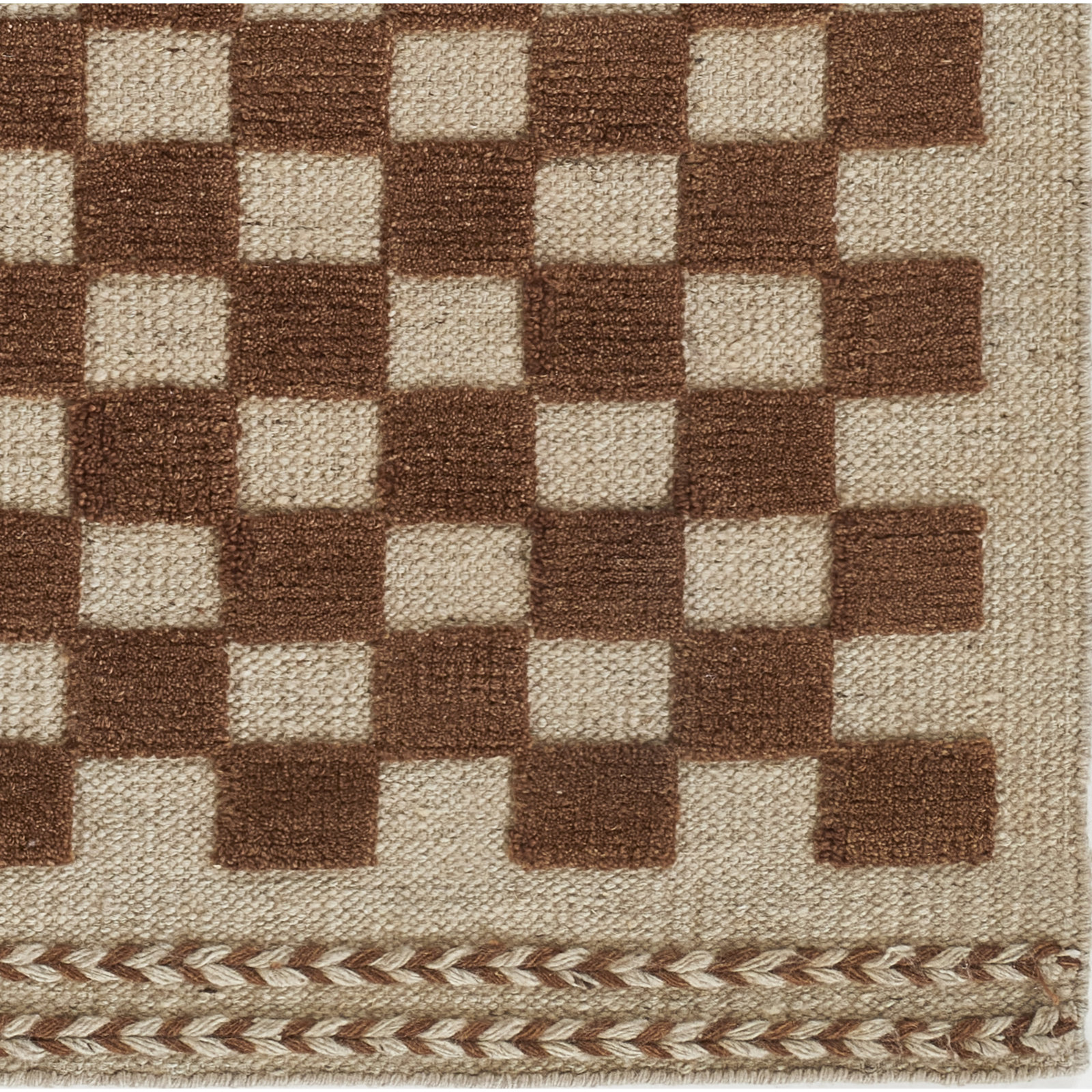 Azle Brown Beige Hand-Woven Checkered Wool Rug, Runner 2'6" x 8'