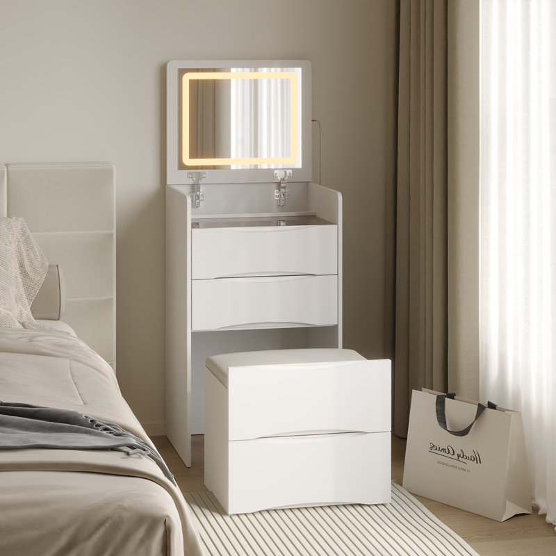 Dressing Table Set, 2-in-1 Makeup Vanity With Flip Top Mirror, Tri-color Led Lighting, 3 Drawers, And Cushioned Stool – Compact Storage Desk